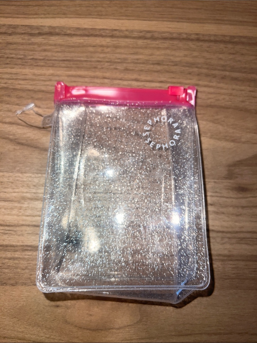 Sephora Clear Glitter Pouch with Pink Trim - Travel Makeup Bag
